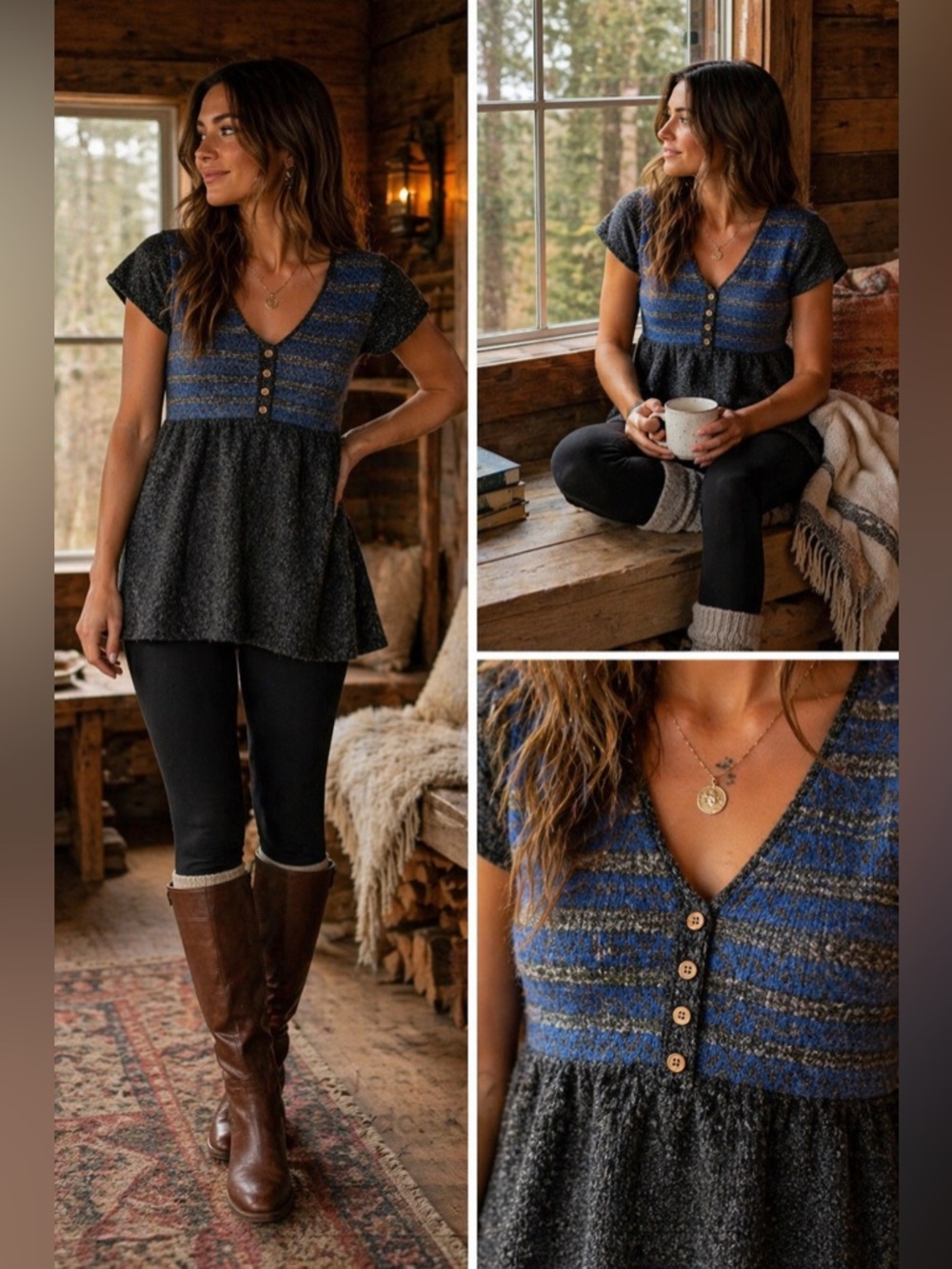 Free People Blue Gray Stripe Wool Blend Babydoll Knit Tunic Top Medium Cabin A7